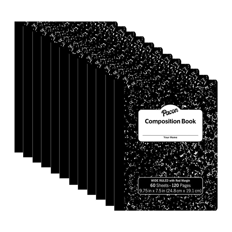 Pacon Composition Notebooks, 9.75" x 7.5", Wide Ruled, 60 Sheets, Black, 12/Bundle (PACMMK37118-12)
