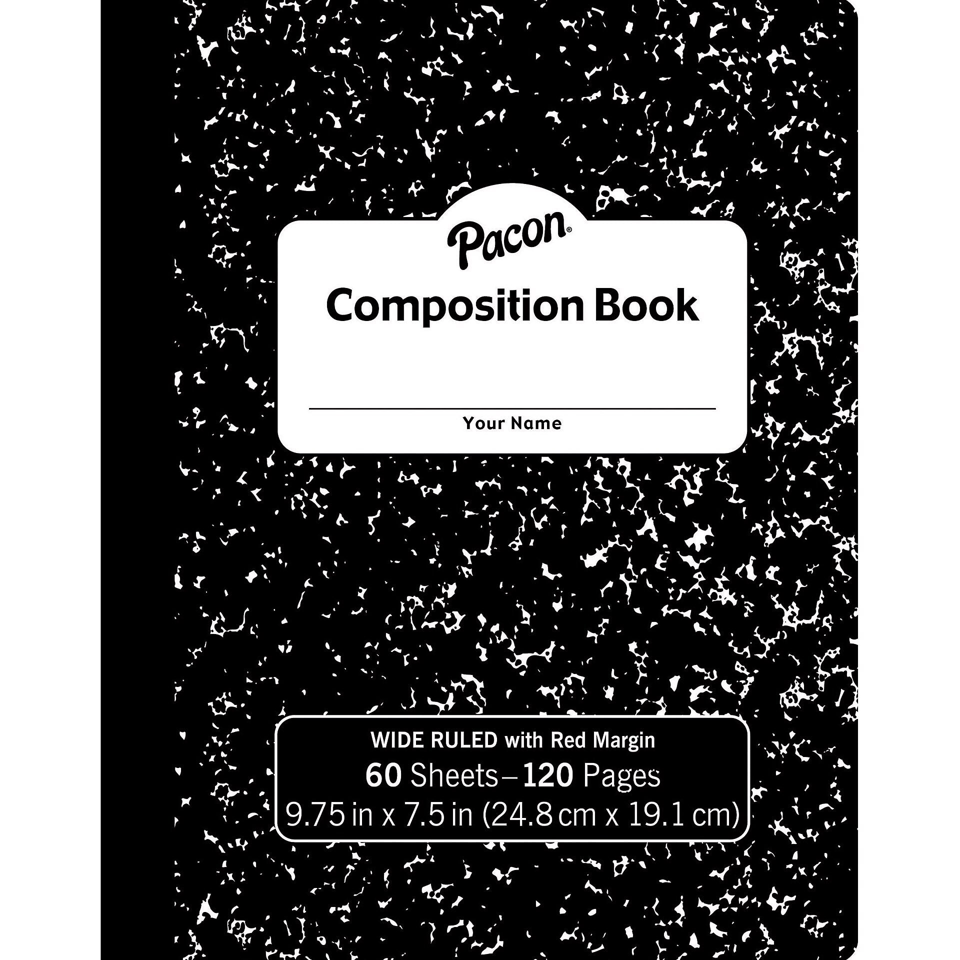 Pacon Composition Notebooks, 9.75" x 7.5", Wide Ruled, 60 Sheets, Black, 12/Bundle (PACMMK37118-12)