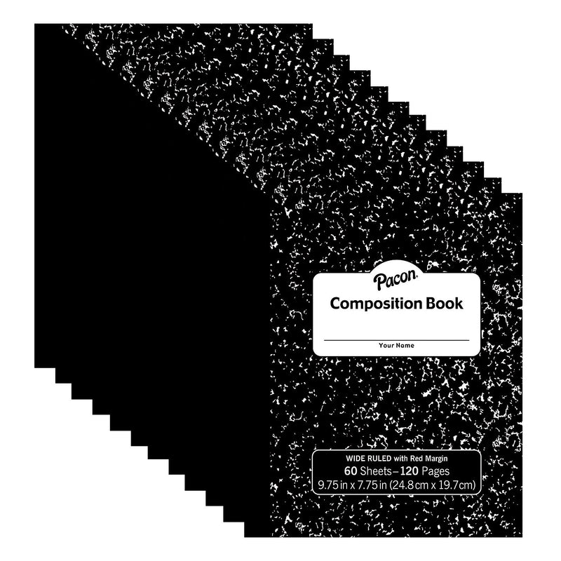 Pacon Composition Notebooks, 9.75" x 7.5", Wide Ruled, 60 Sheets, Black, 12/Bundle (PACMMK37130-12)