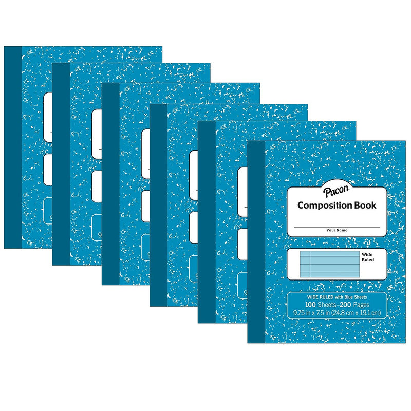 Pacon Composition Notebooks, 9.75" x 7.5", Wide Ruled, 100 Sheets, Blue, 6/Bundle (PACMMK37170-6)