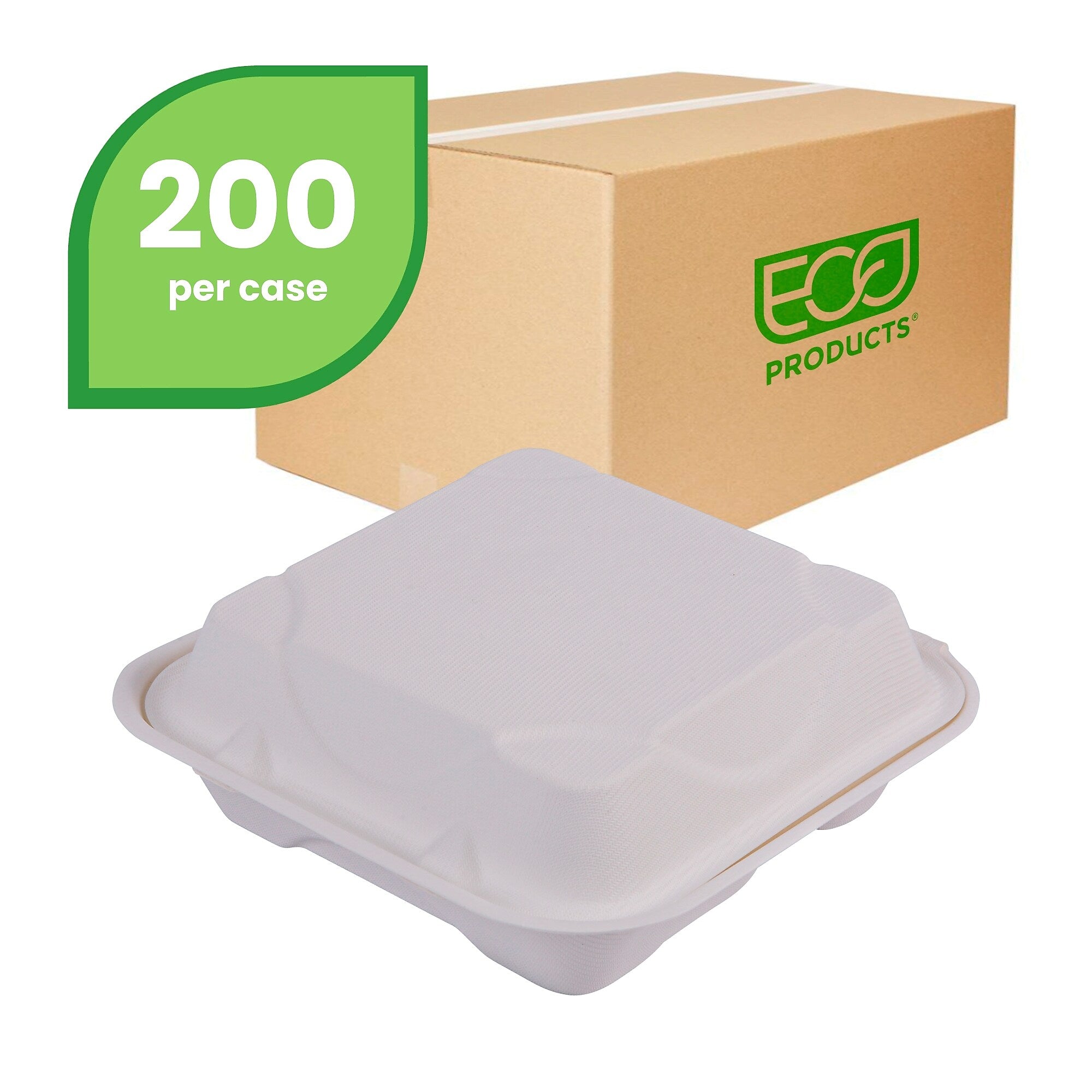 Eco-Products 3-Compartment Sugarcane Clamshells, 8" L x 8" W, White, 200/Pack (EP-HC83)