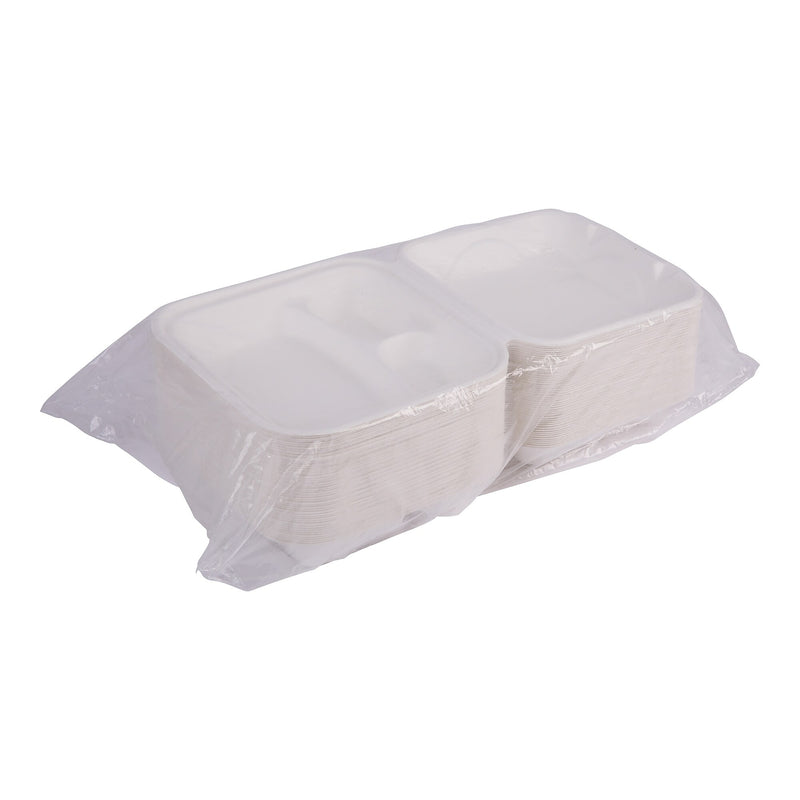 Eco-Products 3-Compartment Sugarcane Clamshells, 8" L x 8" W, White, 200/Pack (EP-HC83)