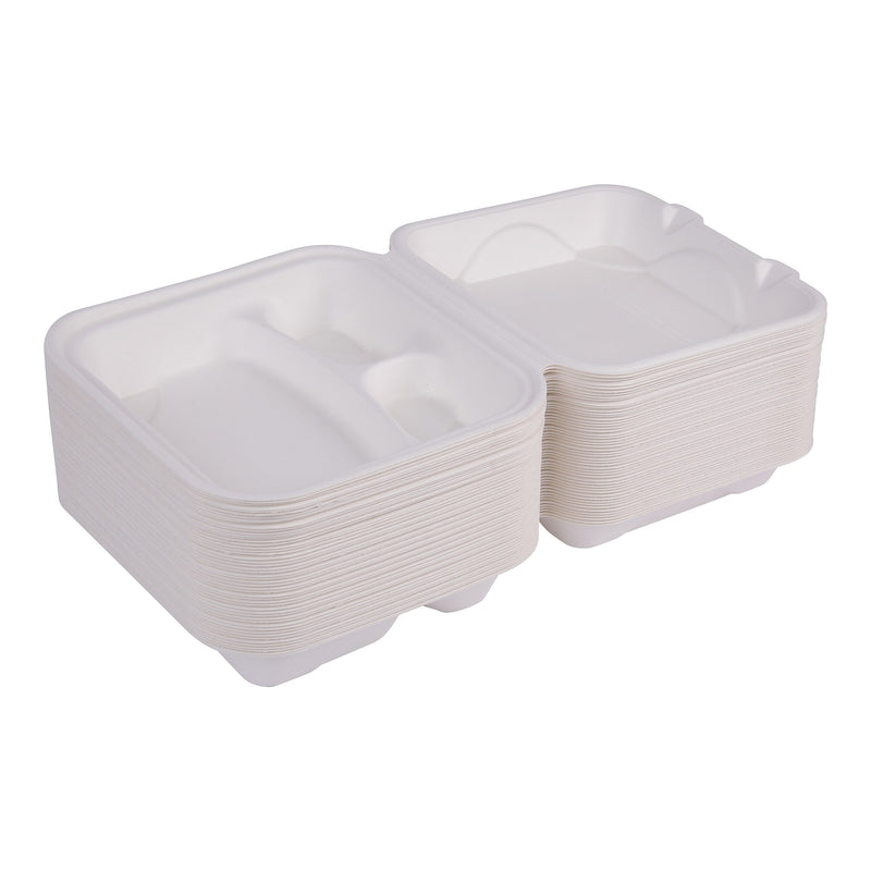 Eco-Products 3-Compartment Sugarcane Clamshells, 8" L x 8" W, White, 200/Pack (EP-HC83)
