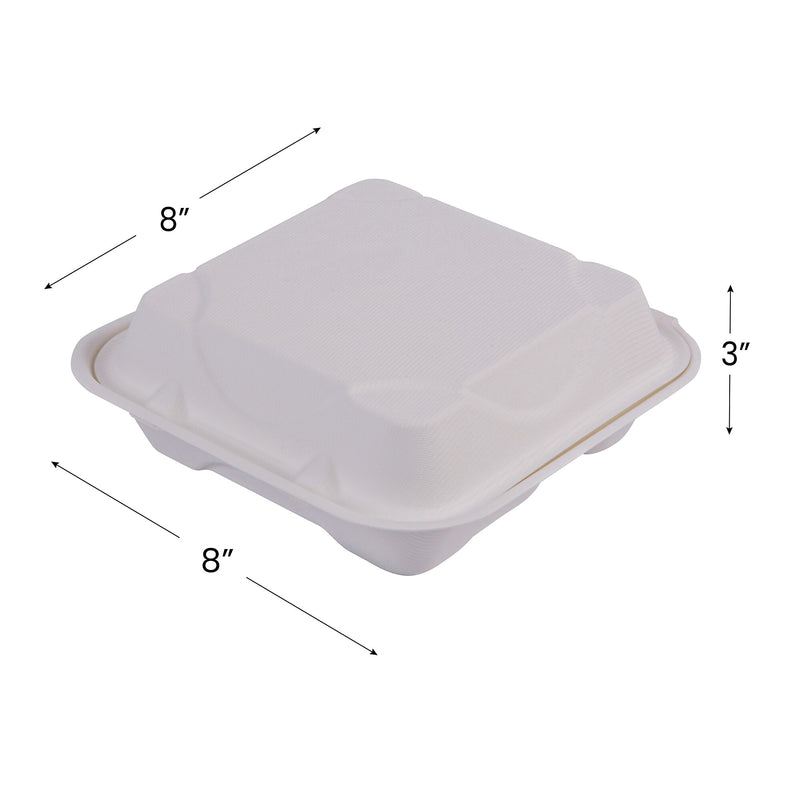 Eco-Products 3-Compartment Sugarcane Clamshells, 8" L x 8" W, White, 200/Pack (EP-HC83)