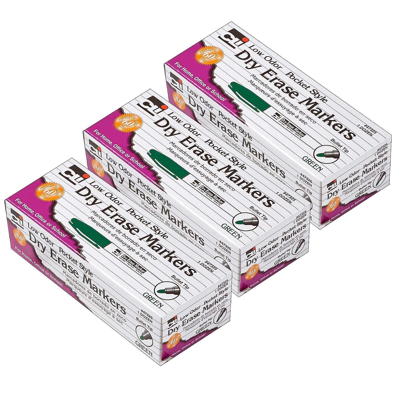 CLI Dry Erase Markers, Bullet Tip, Green, 12/Pack, 3 Packs (CHL47325-3)