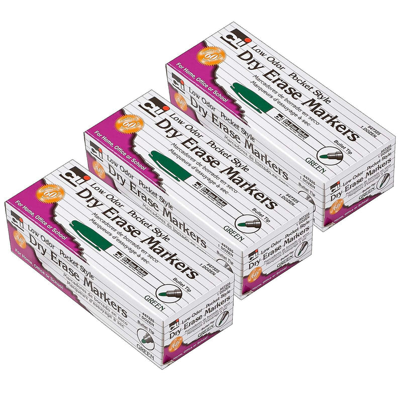 CLI Dry Erase Markers, Bullet Tip, Green, 12/Pack, 3 Packs (CHL47325-3)
