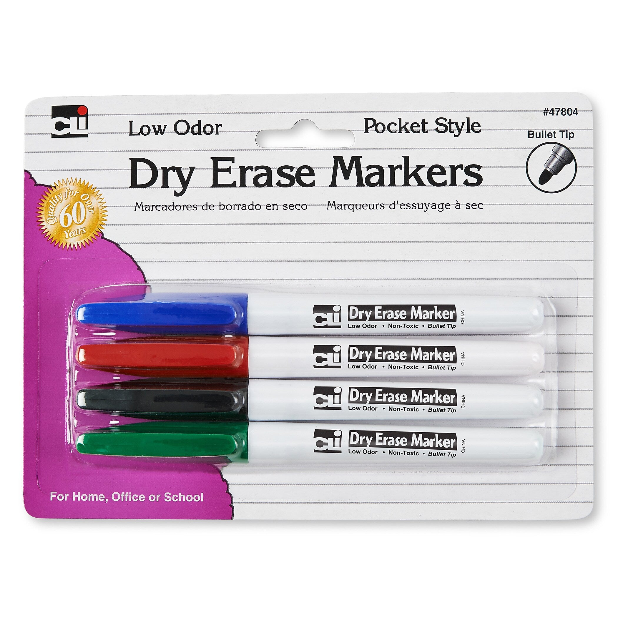 CLI Pocket Style Dry Erase Markers, Bullet Tip, Assorted Colors, 4/Pack, 12 Packs (CHL47804-12)