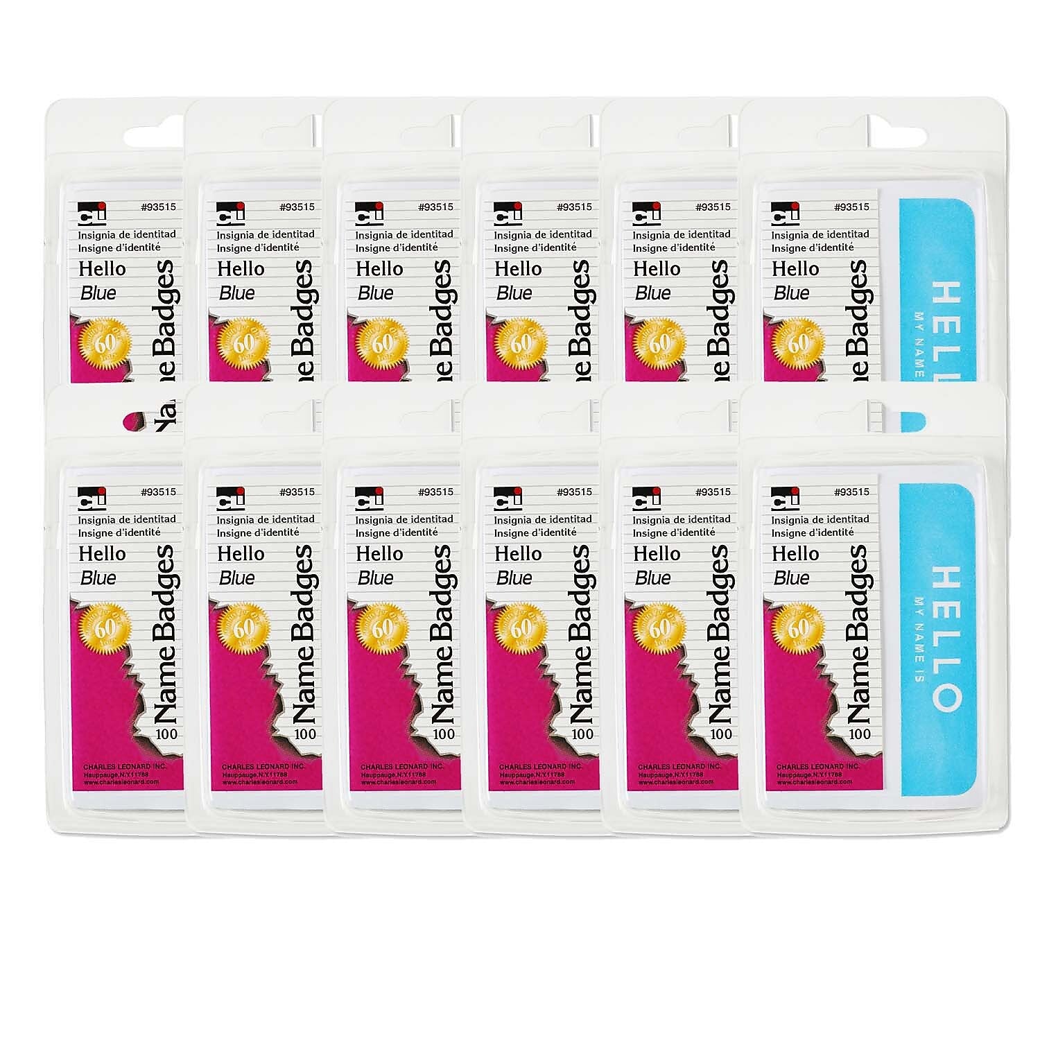 Charles Leonard Self-Adhesive Blue Hello Name Badges, 3.375" x 2.25", 100 Per Pack, 12 Packs (CHL93515-12)