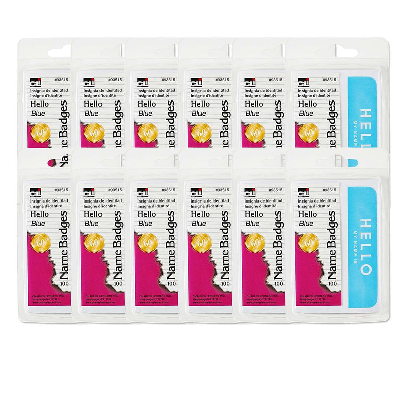 Charles Leonard Self-Adhesive Blue Hello Name Badges, 3.375" x 2.25", 100 Per Pack, 12 Packs (CHL93515-12)