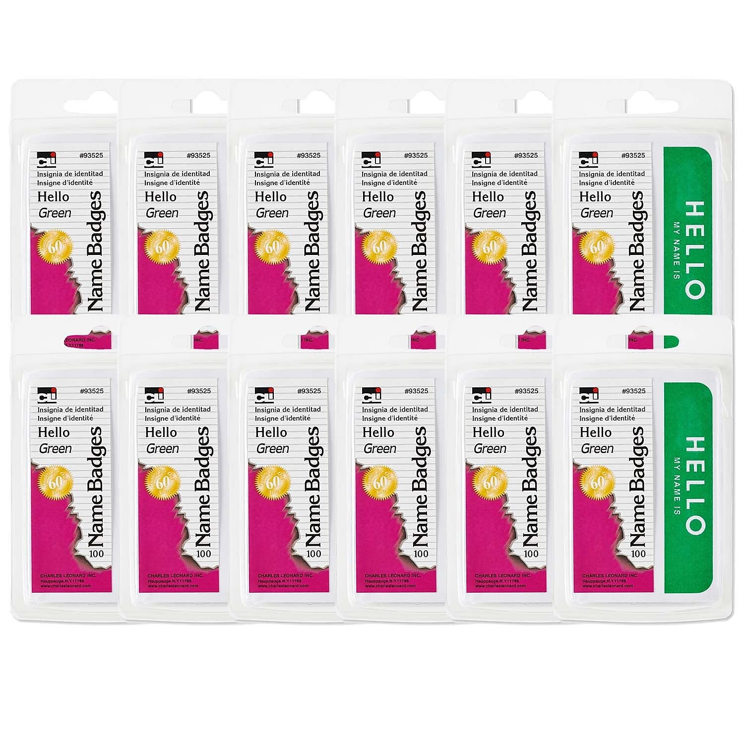 CLI Self-Adhesive Green Hello Name Badges, 3.375" x 2.25", 100/Pack, 12 Packs (CHL93525-12)