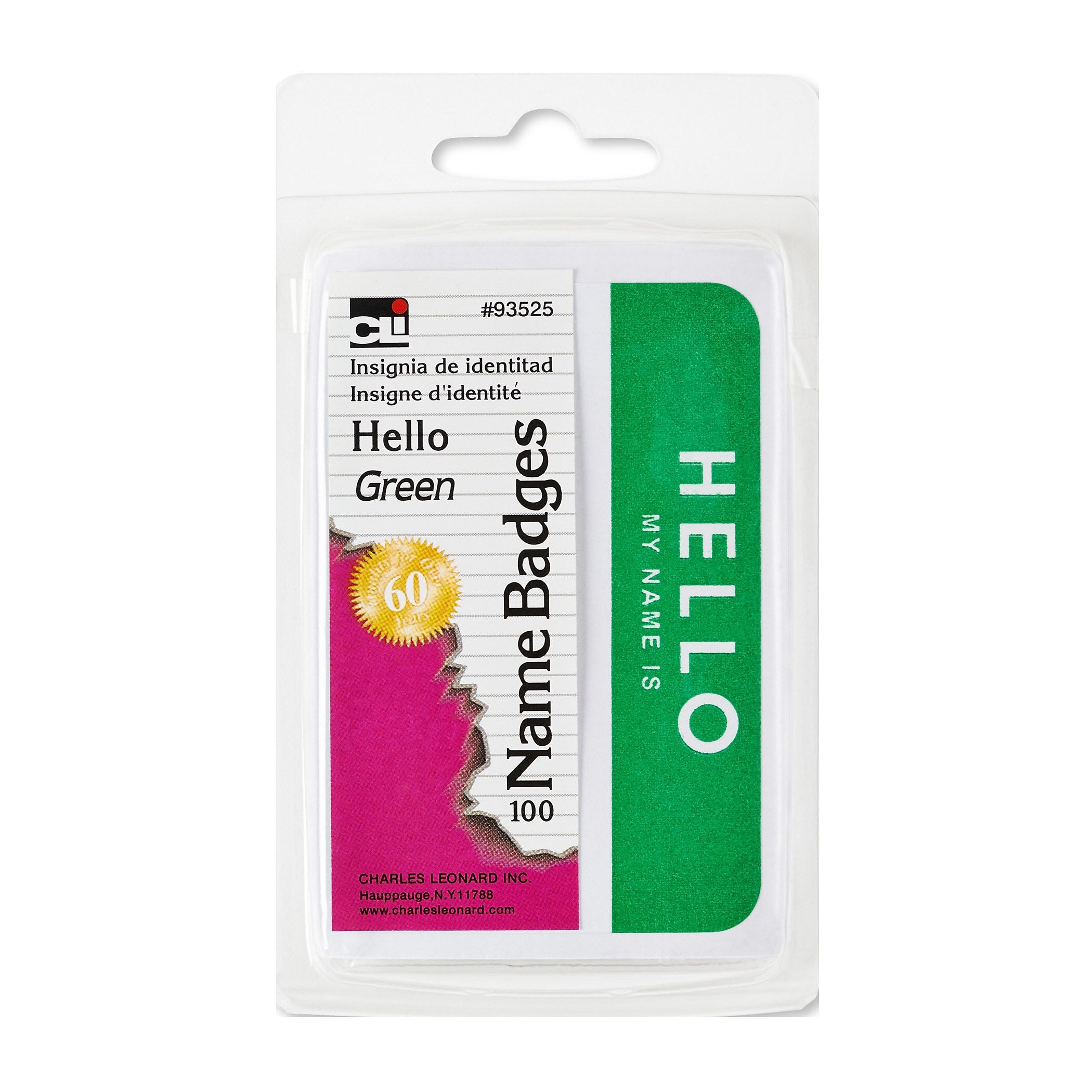 CLI Self-Adhesive Green Hello Name Badges, 3.375" x 2.25", 100/Pack, 12 Packs (CHL93525-12)
