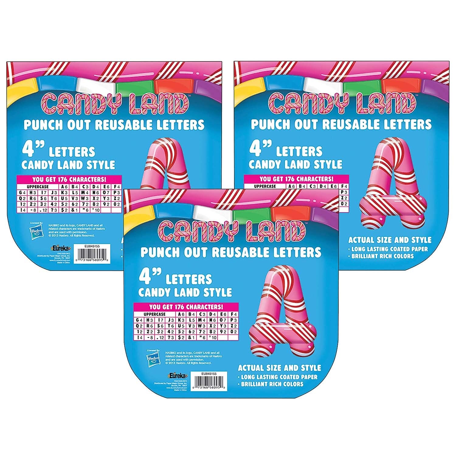 Eureka Candy Land 4" Peppermint Stripe Deco Letters, Multicolored, 176/Pack, 3 Packs (EU-845155-3)