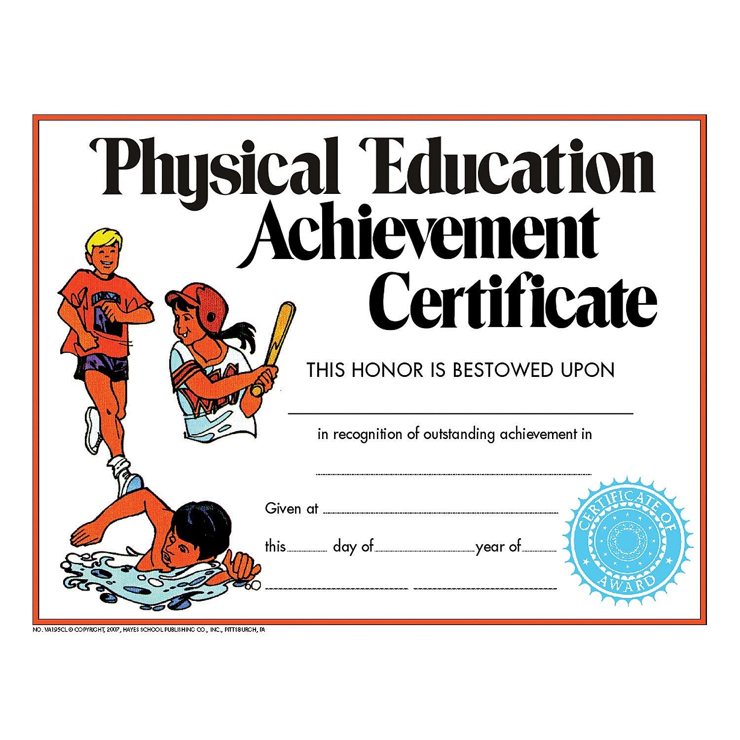 Hayes Publishing Physical Education Achievement Certificate, 8.5" x 11", 30 Per Pack, 6 Packs (H-VA195CL-6)