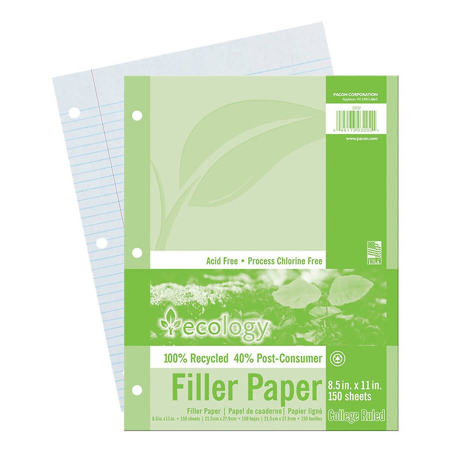 Ecology College Ruled Filler Paper, 8.5" x 11", 3-Hole Punched, 150 Sheets/Pack, 6/Bundle (PAC3202-6)