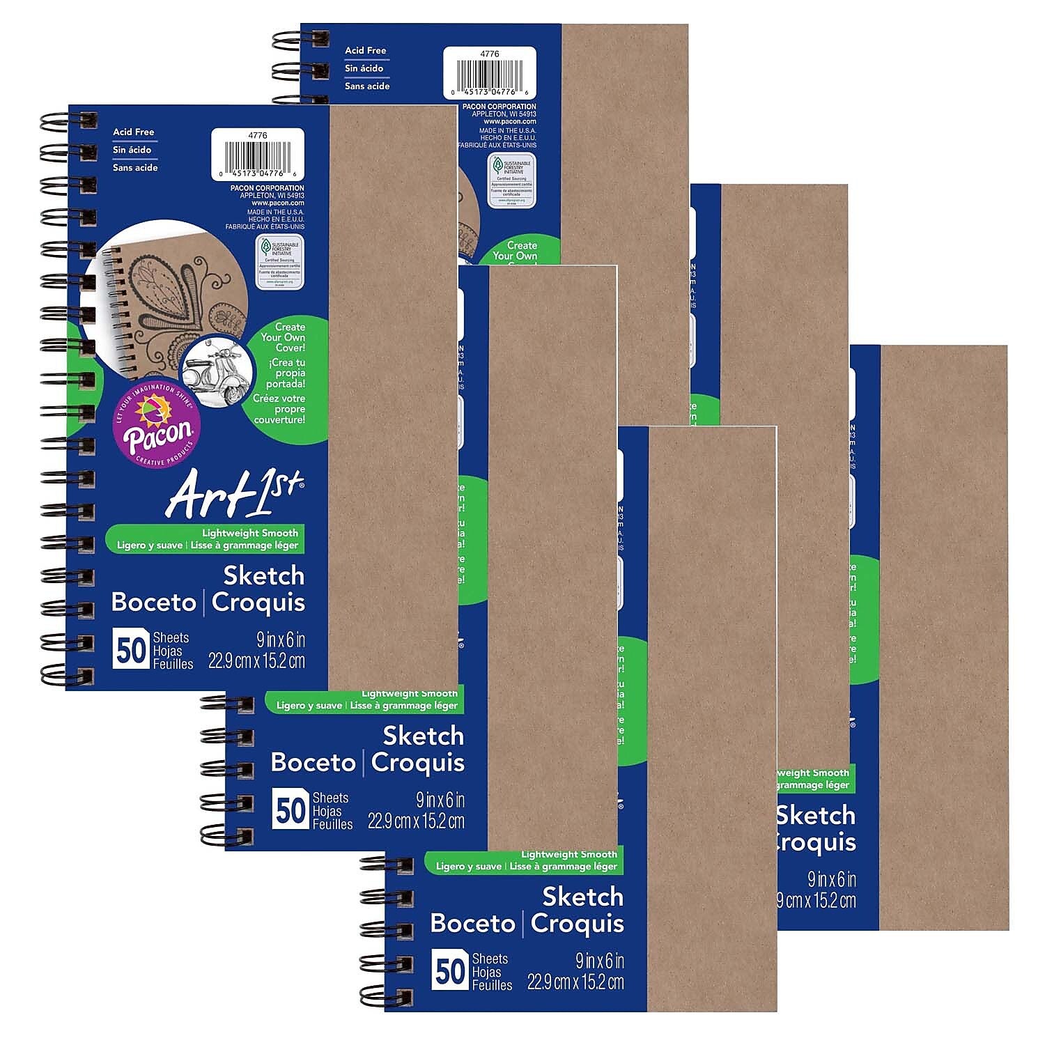 UCreate Create Your Own Cover Sketch Diary, 9" x 6", Natural, 50 Sheets, Pack of 6 (PAC4776-6)