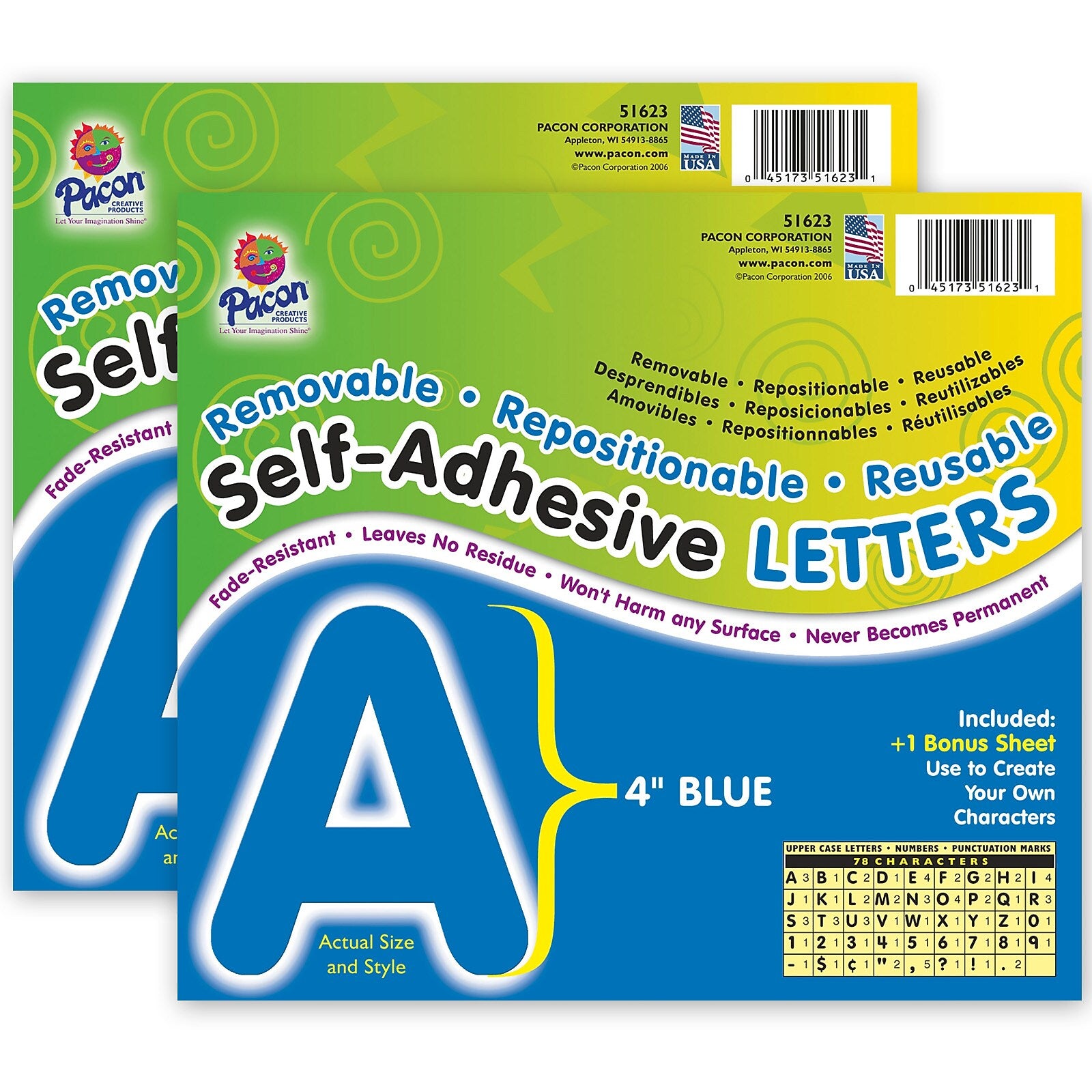 Pacon 4" Self-Adhesive Puffy Font Letters, Blue, 78 Characters/Pack, 2 Packs (PAC51623-2)