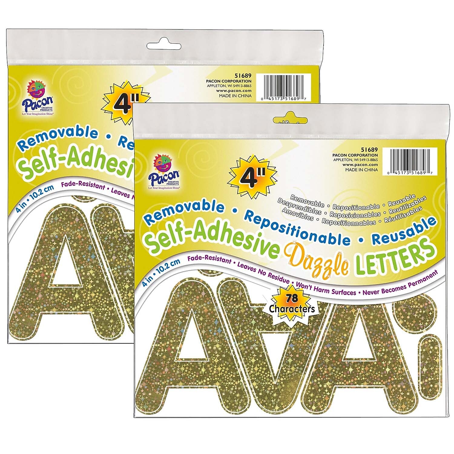 Pacon 4" Self-Adhesive Puffy Font Letters, Gold Dazzle, 78/Pack, 2 Packs (PAC51689-2)