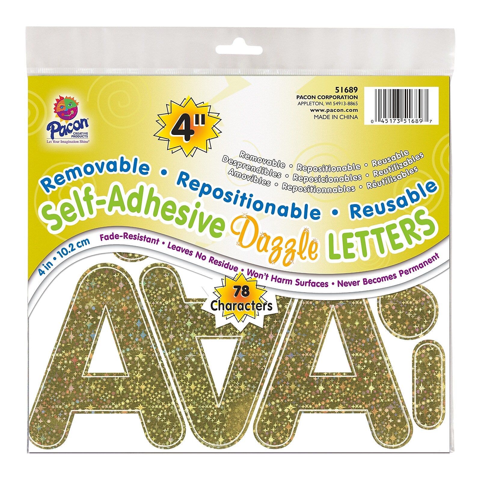 Pacon 4" Self-Adhesive Puffy Font Letters, Gold Dazzle, 78/Pack, 2 Packs (PAC51689-2)