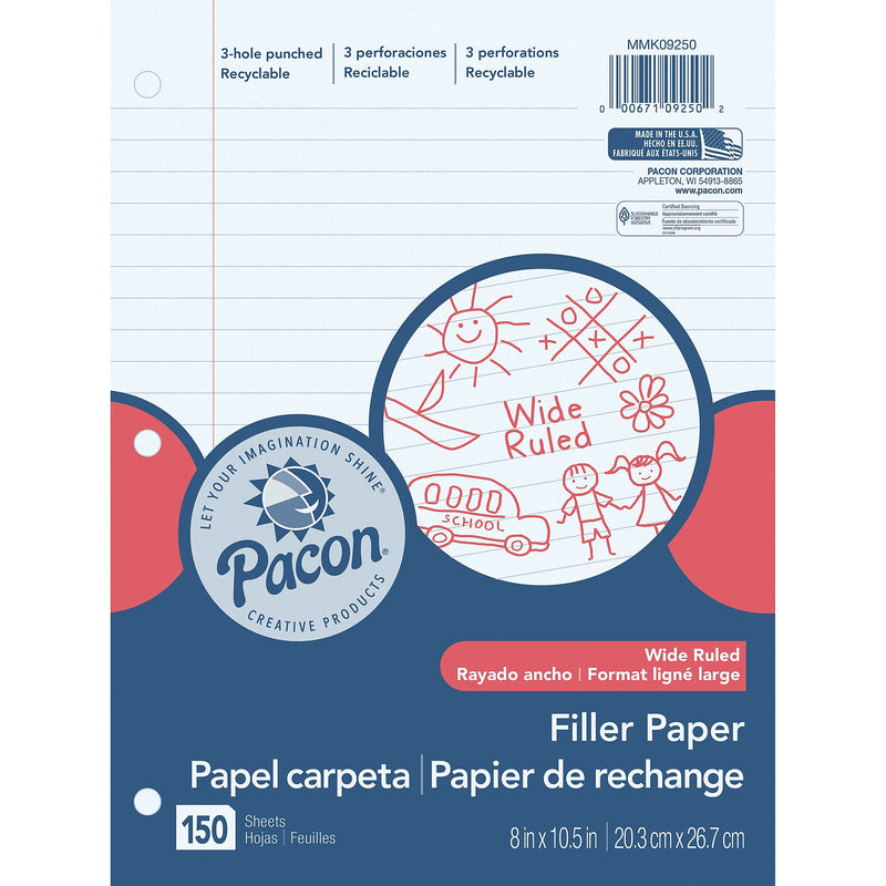 Pacon Wide Ruled Filler Paper, 8" x 10.5", 3-Hole Punched, 150 Sheets/Pack, 6 Packs/Bundle (PACMMK09250-6)