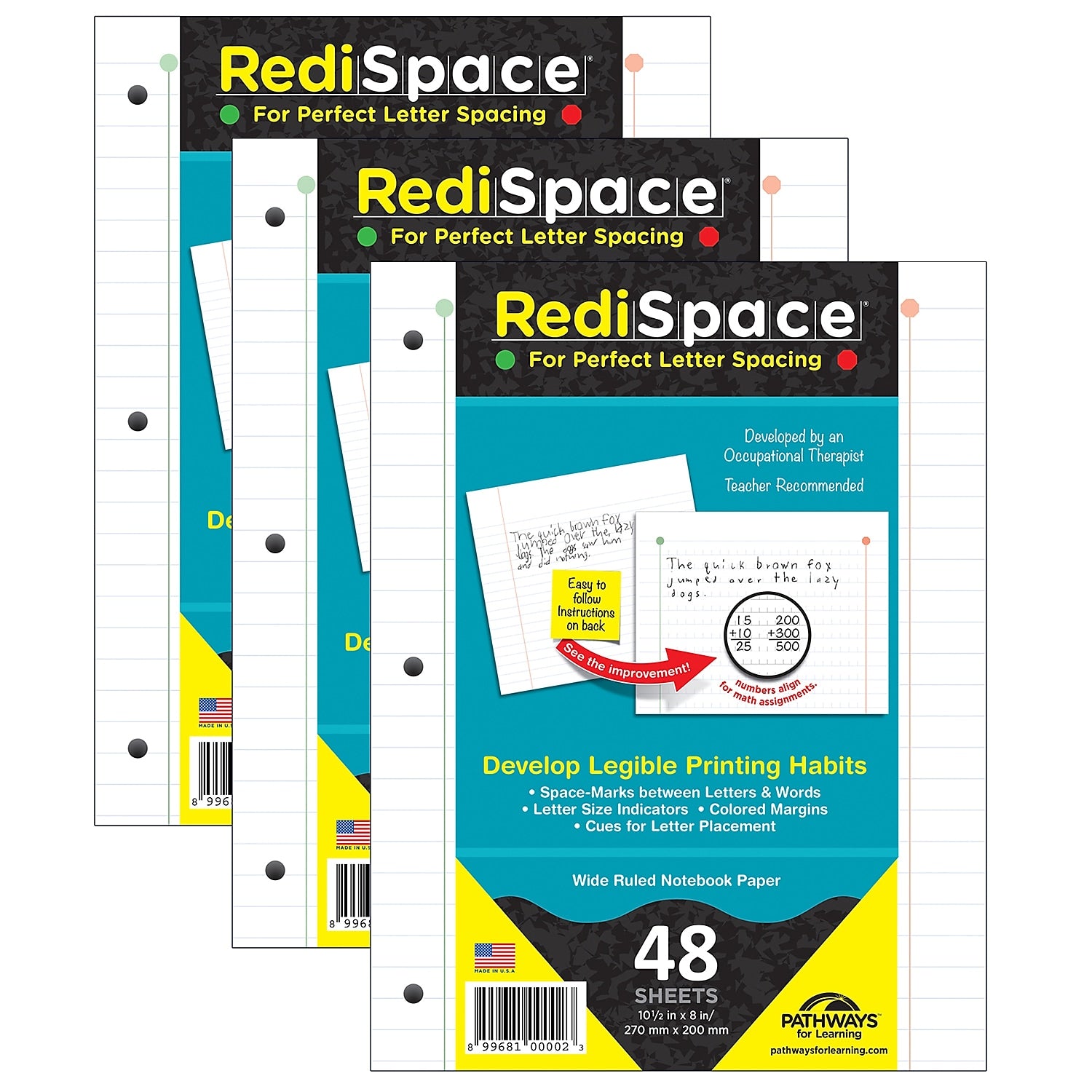 Pathways For Learning RediSpace® Wide Ruled Notebook Filler Paper, 10.5" x 8", White, 48 Sheets Per Pack, 3 Packs (RS-48FP-3)