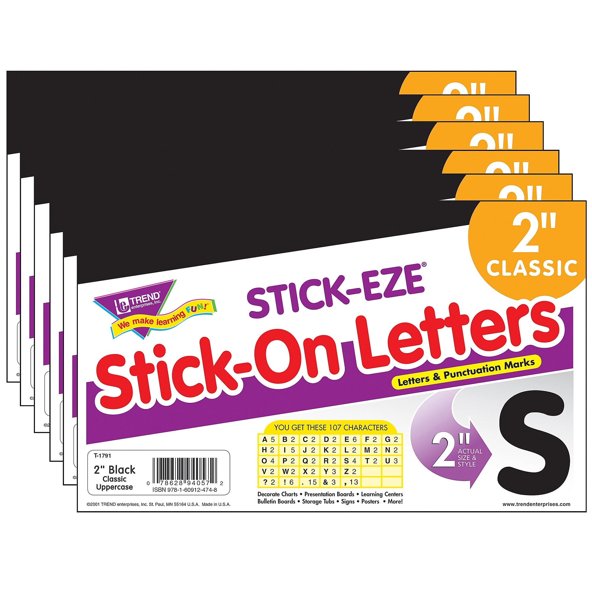TREND STICK-EZE® 2" Stick-On Letters, Black, 107 Pieces Per Pack, 6 Packs (T-1791-6)