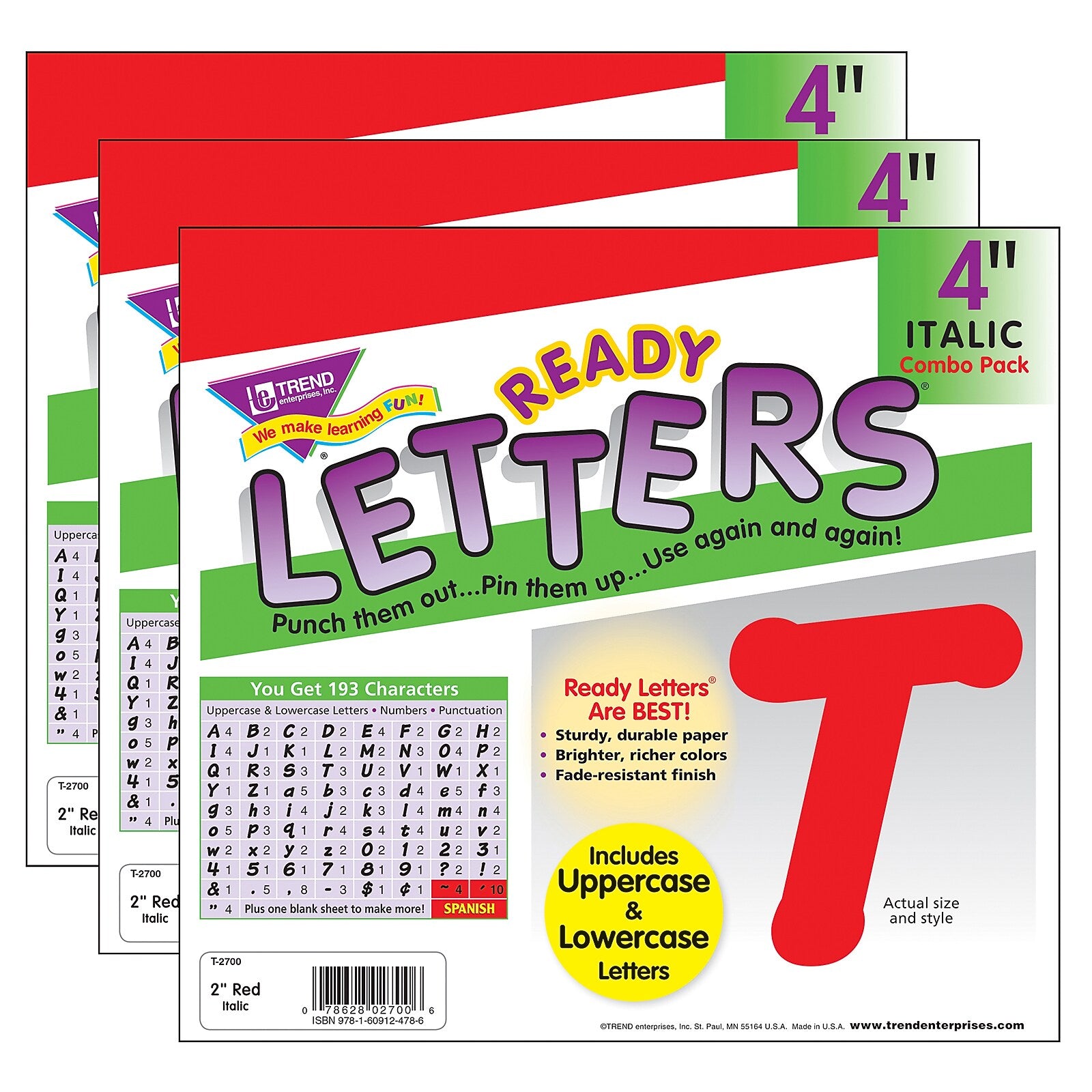 TREND 4" Italic Combo Ready Letters, Red, 193/Pack, 3 Packs (T-2700-3)