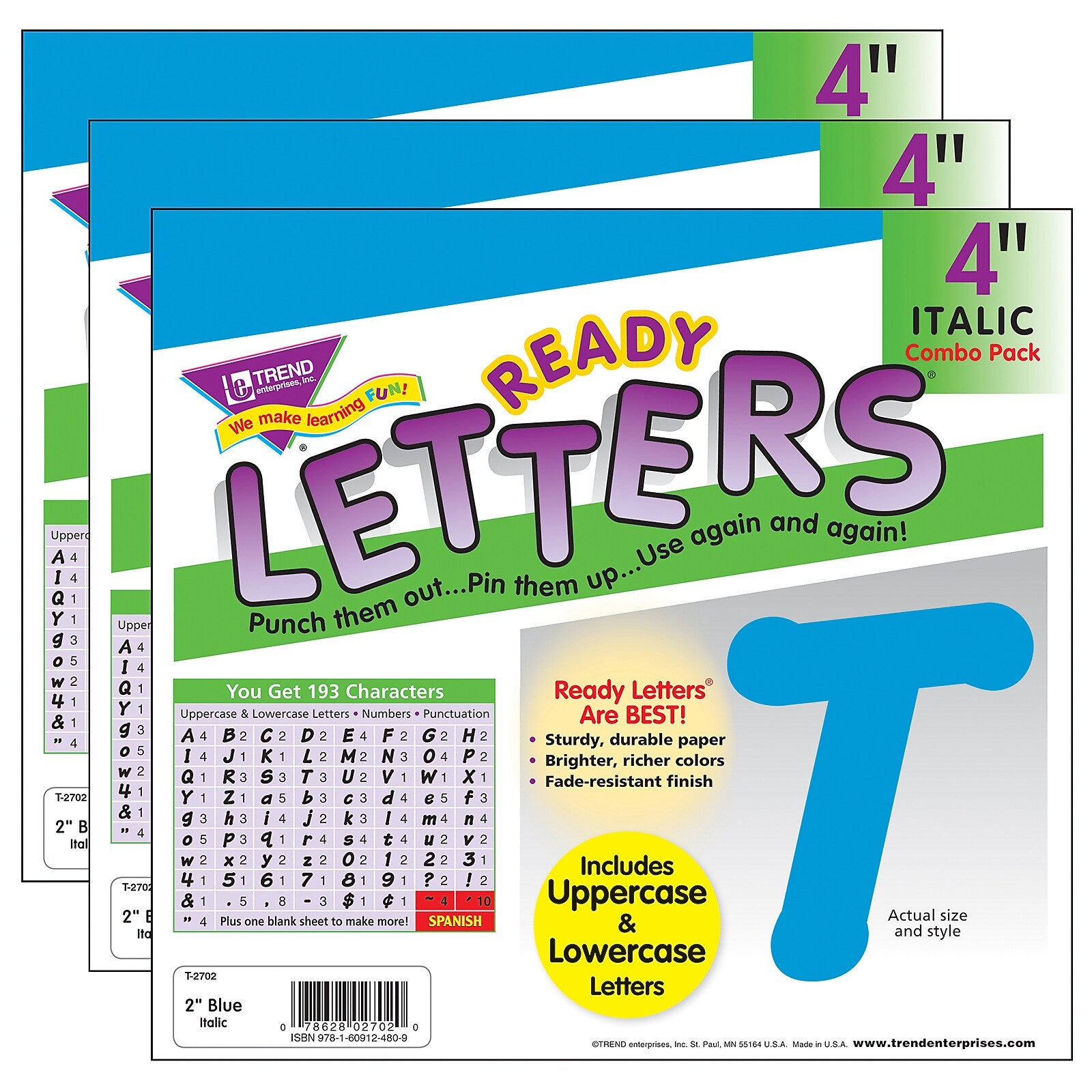 TREND 4" Italic Combo Ready Letters, Blue, 193/Pack, 3 Packs (T-2702-3)