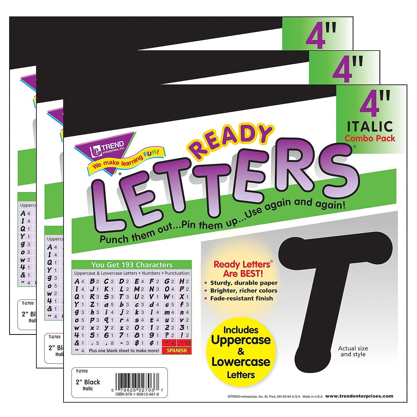 TREND Italic Uppercase/Lowercase Combo Pack (EN/SP) Ready Letters, Black, 193/Pack, 3 Packs (T-2703-3)