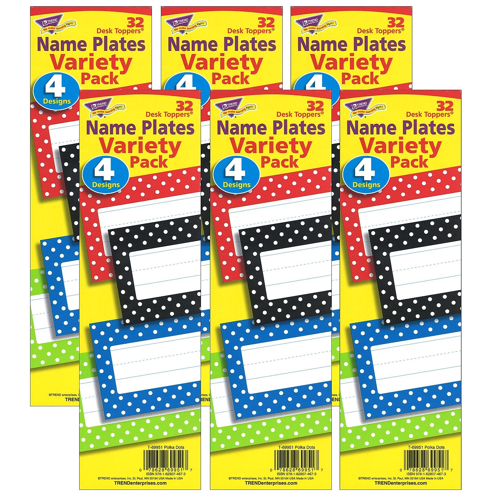 TREND Polka Dots Desk Toppers® Nameplates Variety Pack, 2.875" x 9.5", 32 Per Pack, 6 Packs (T-69951-6)