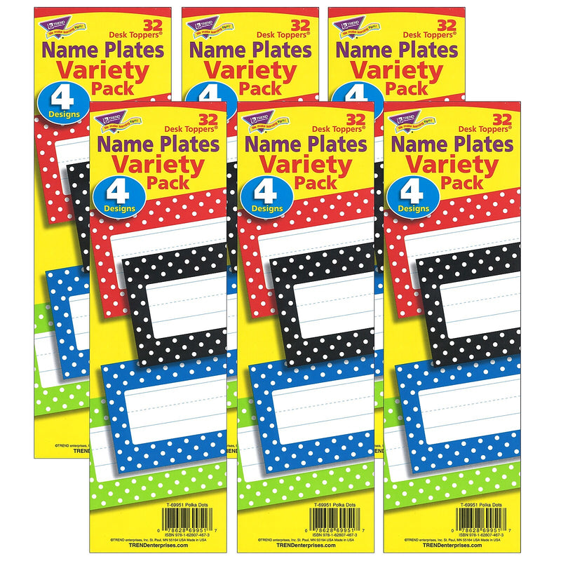 TREND Polka Dots Desk Toppers® Nameplates Variety Pack, 2.875" x 9.5", 32 Per Pack, 6 Packs (T-69951-6)