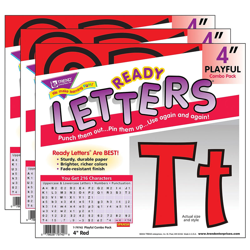 TREND 4" Playful Uppercase/Lowercase Combo Pack (EN/SP) Ready Letters®, Red, 216 Per Pack, 3 Packs (T-79742-3)