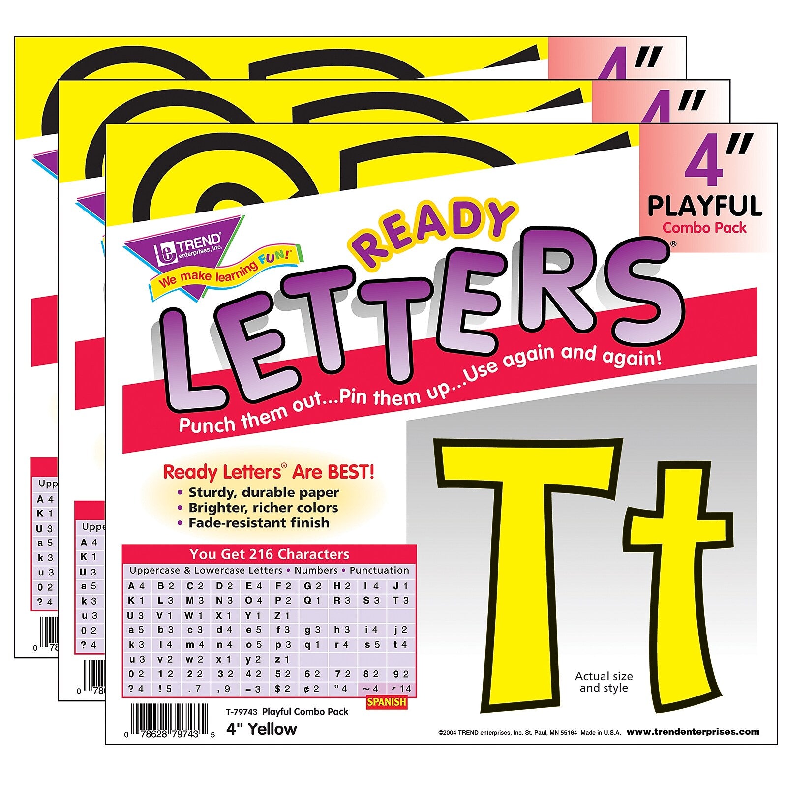 TREND 4" Playful Uppercase/Lowercase Combo Pack (EN/SP) Ready Letters, Yellow, 216/Pack, 3 Packs (T-79743-3)