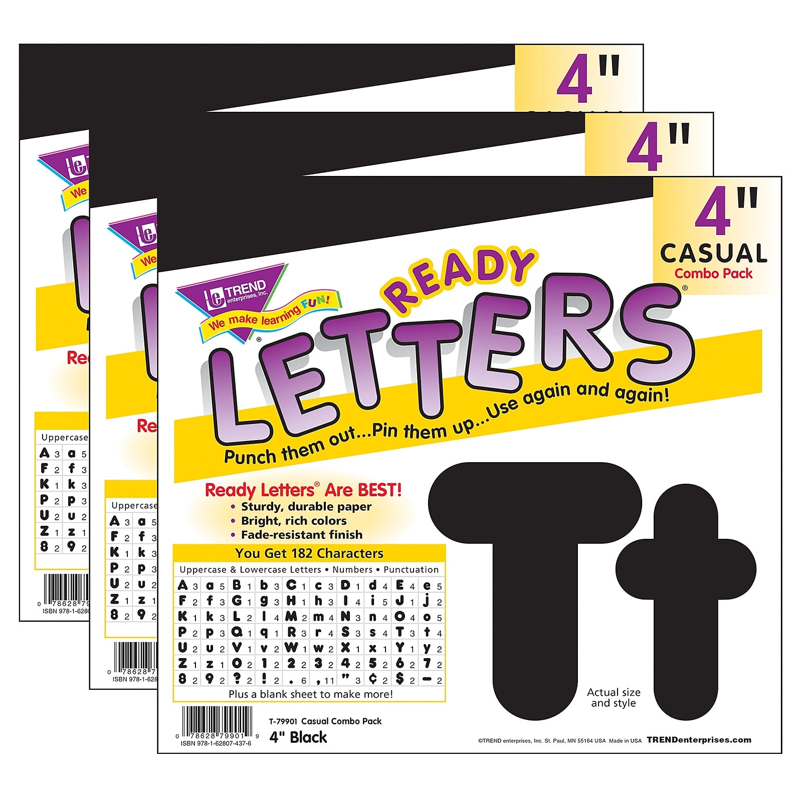 TREND 4" Uppercase/Lowercase Combo Pack Ready Letters, Black, 182/Pack, 3 Packs (T-79901-3)