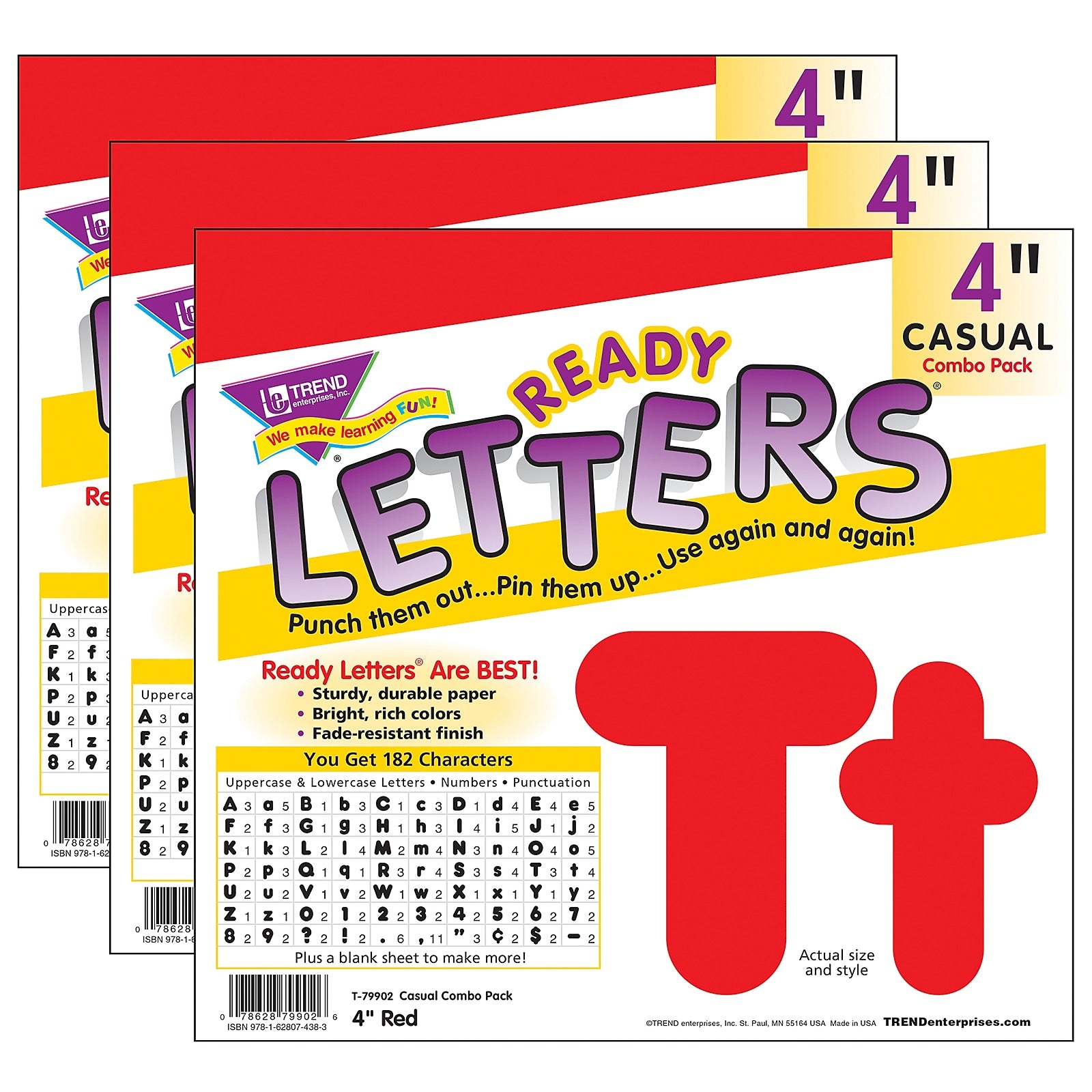 TREND 4" Uppercase/Lowercase Combo Pack Ready Letters, Red, 182/Pack, 3 Packs (T-79902-3)