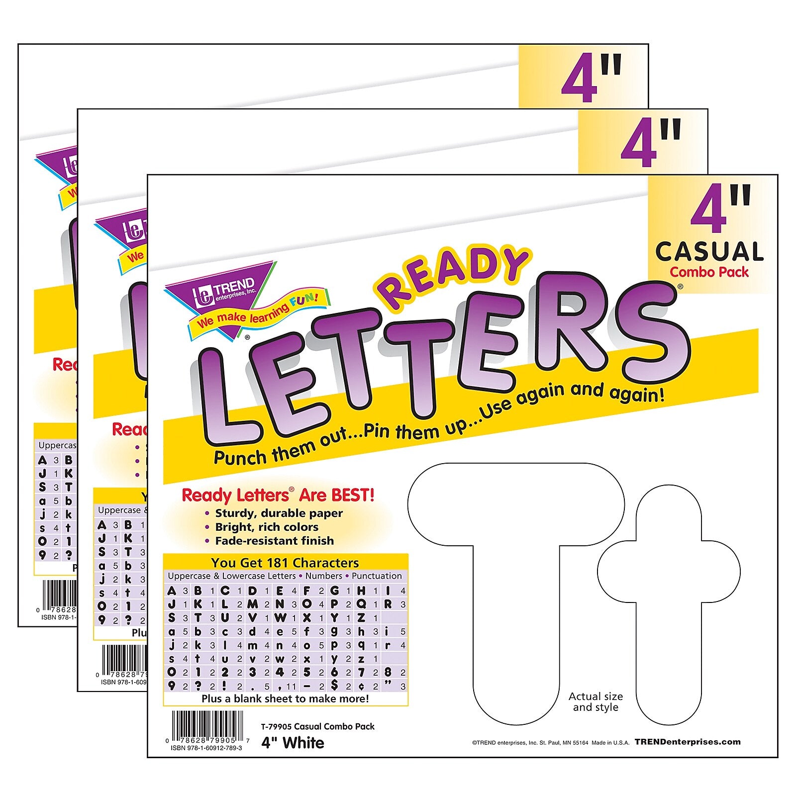 TREND 4" Uppercase/Lowercase Combo Pack Ready Letters, White, 182/Pack, 3 Packs (T-79905-3)