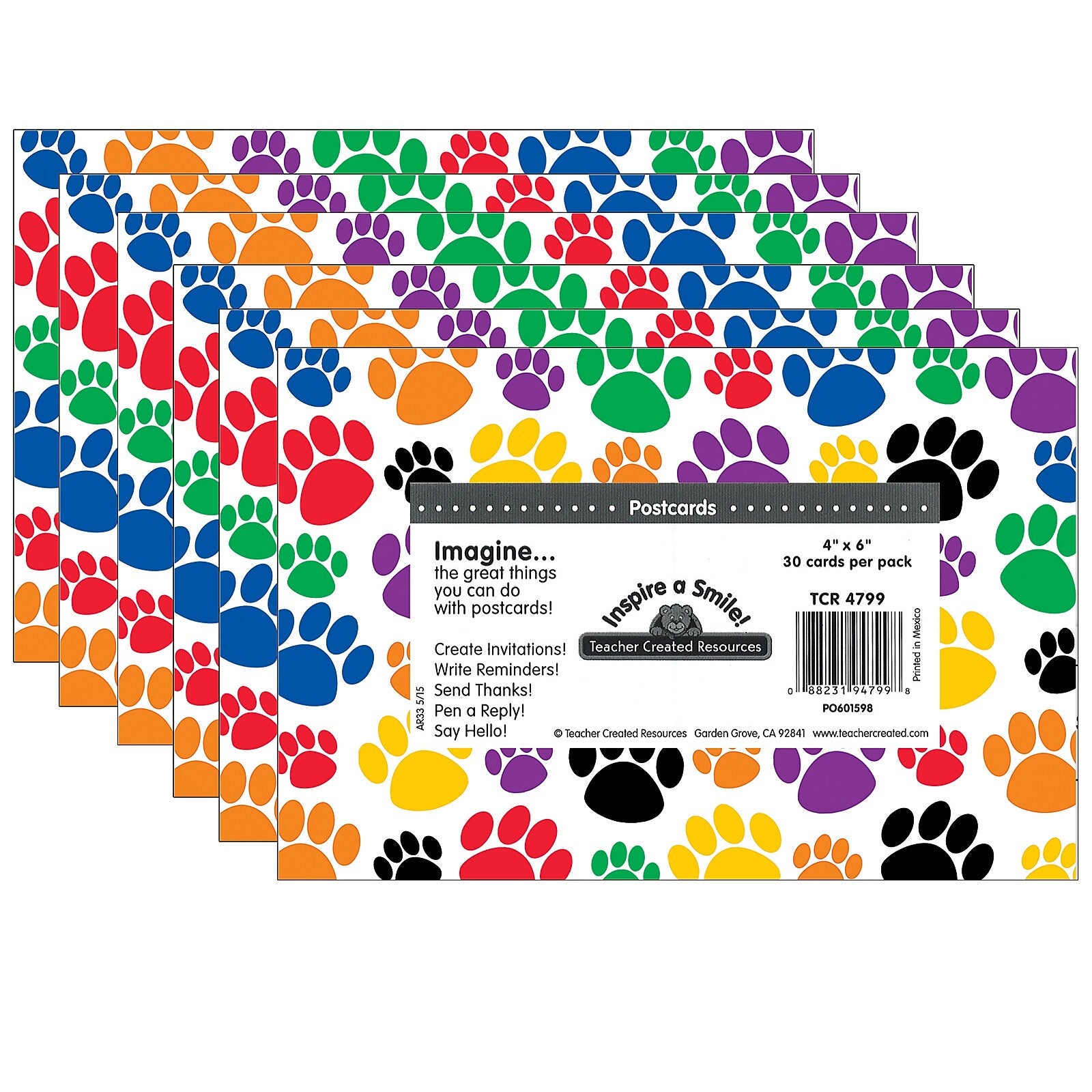 Teacher Created Resources Colorful Paw Prints Postcards, 30 Per Pack, 6 Packs (TCR4799-6)
