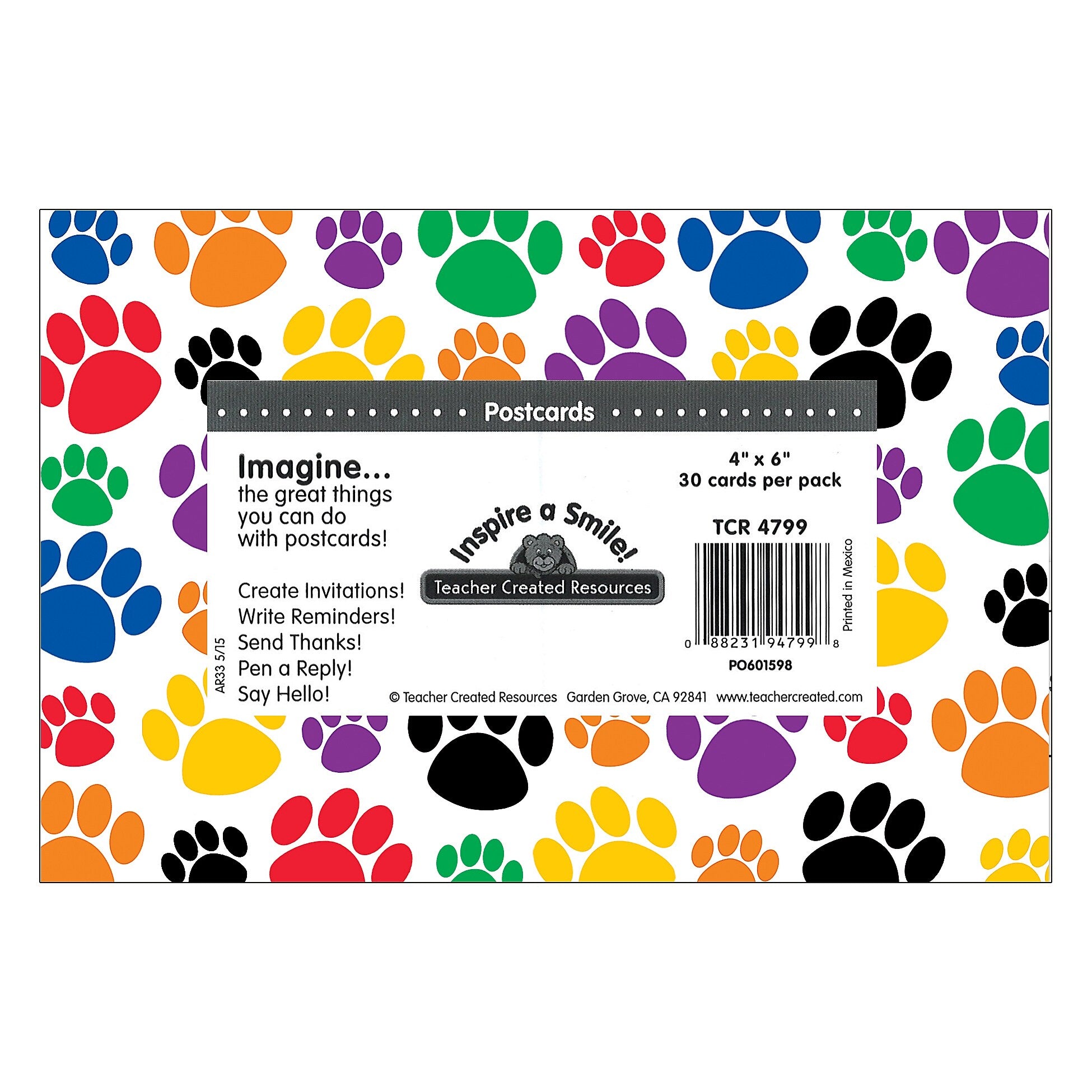 Teacher Created Resources Colorful Paw Prints Postcards, 30 Per Pack, 6 Packs (TCR4799-6)