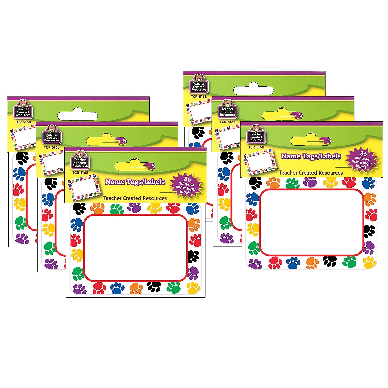 Teacher Created Resources Colorful Paw Prints Name Tags, 3.5" x 2.5", 36 Per Pack, 6 Packs (TCR5168-6)