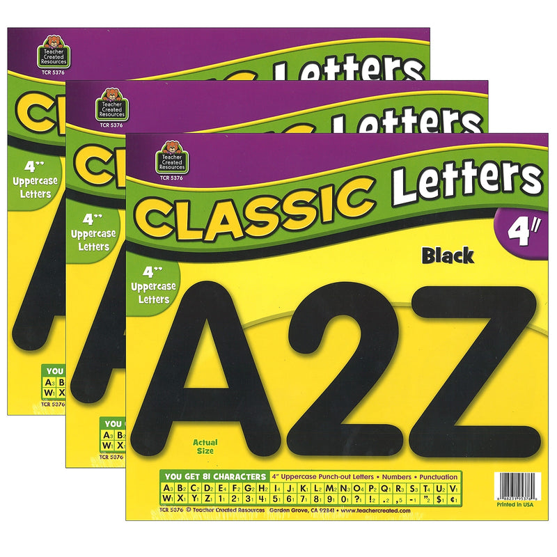 Teacher Created Resources 4" Classic Font Uppercase Letters, Black, 81 Pieces/Pack, 3 Packs (TCR5376-3)