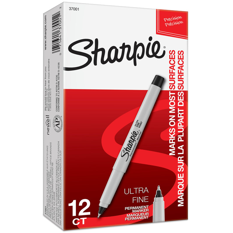 Sharpie Permanent Marker, Ultra Fine Tip, Black, 12/Pack (37001)