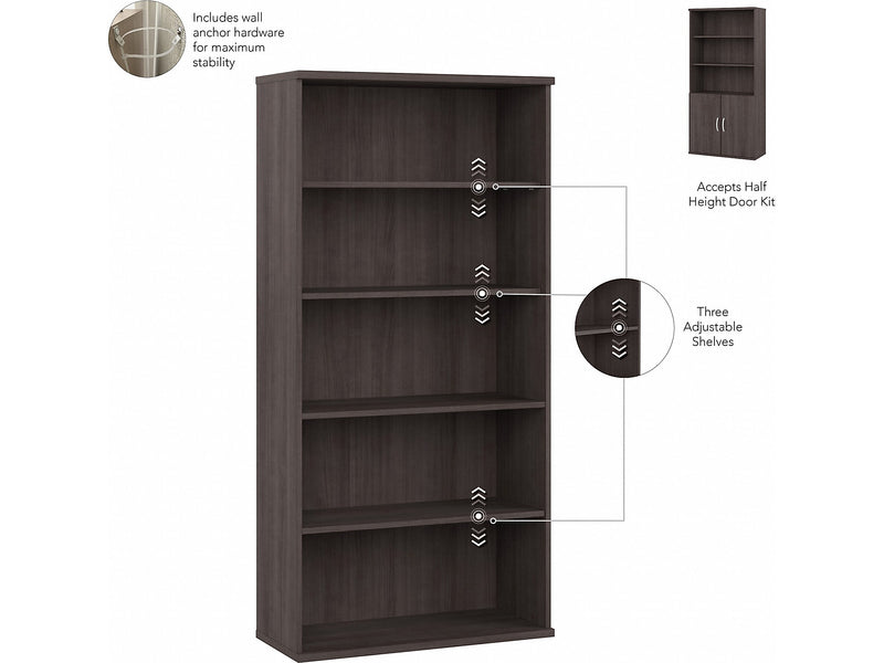 Bush Business Furniture Studio A 73"H 5-Shelf Bookcase with Adjustable Shelves, Storm Gray Laminated Wood (STA010SG)