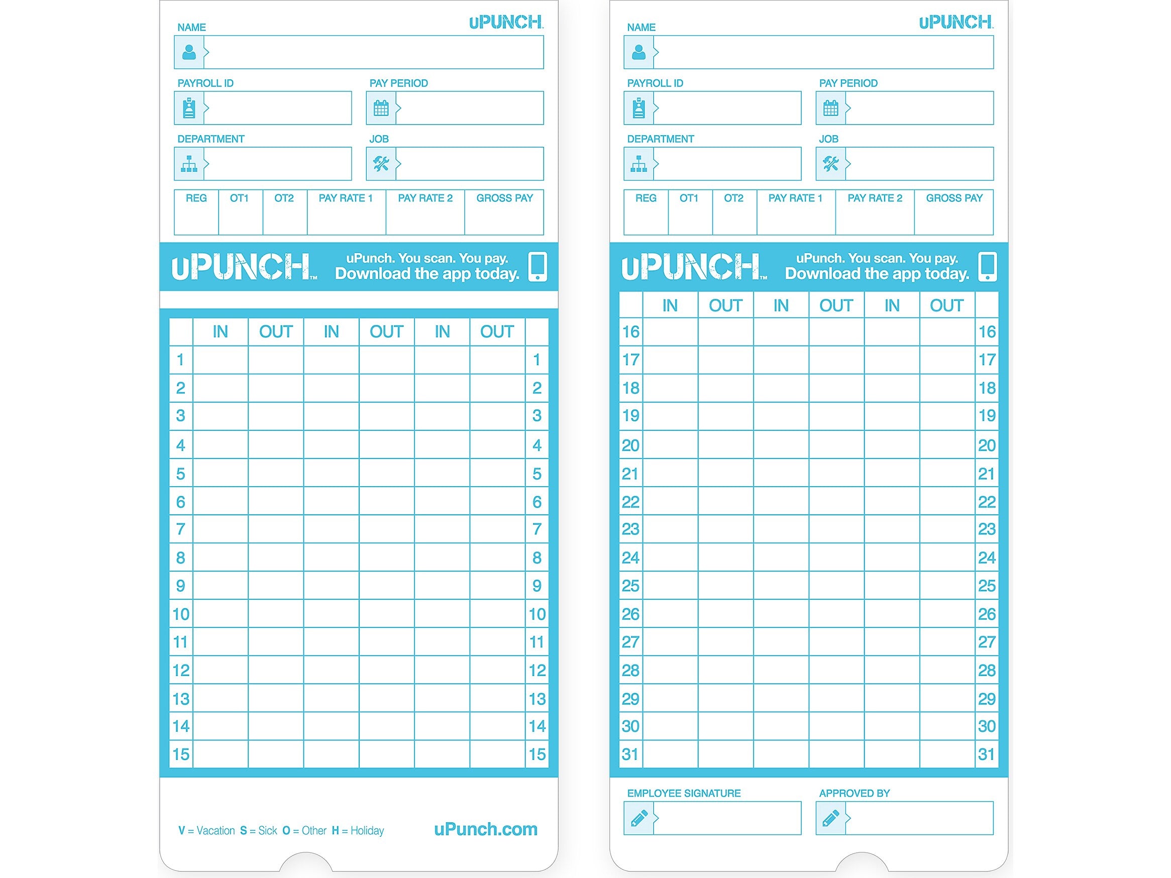 uPunch Pay-to-Punch Time Card for SB1200 Time Clock, 100/Pack (SBTCB1100)