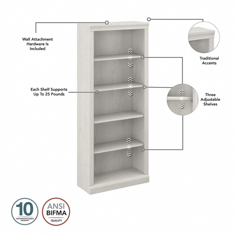 Bush Furniture Saratoga 72"H 5-Shelf Bookcase with Adjustable Shelves, Linen White Oak Laminate (W1645C-03)