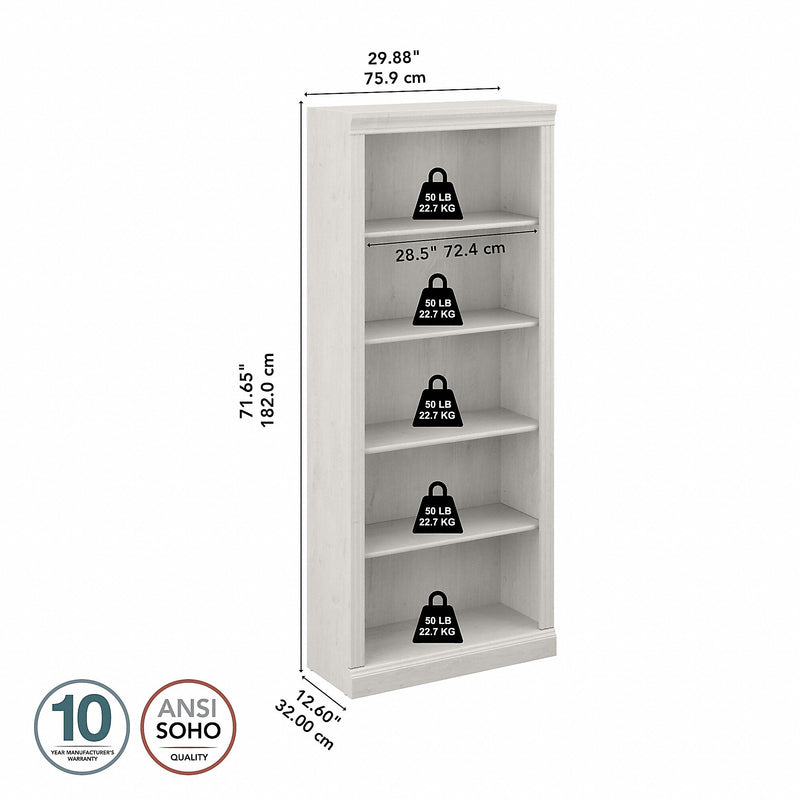 Bush Furniture Saratoga 72"H 5-Shelf Bookcase with Adjustable Shelves, Linen White Oak Laminate (W1645C-03)