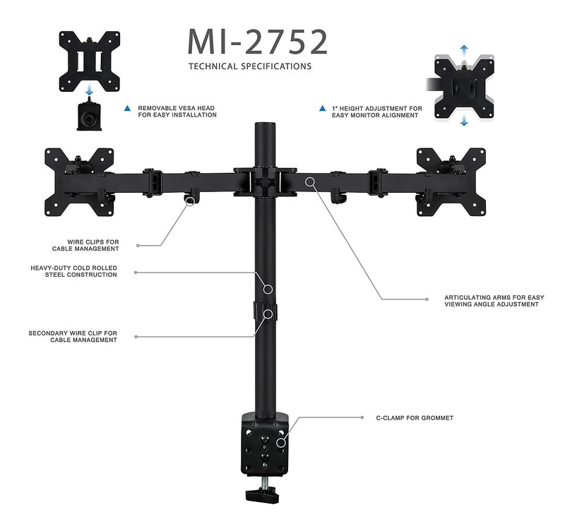 Mount-It! Adjustable Dual Monitor Arm Mount, Up To 32" Monitor, Black (MI-2752)