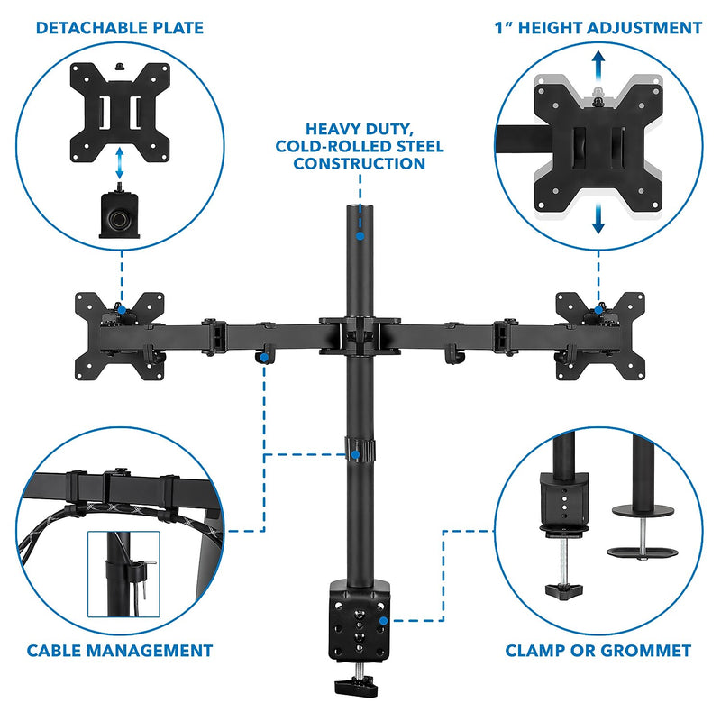 Mount-It! Adjustable Dual Monitor Arm Mount, Up To 32" Monitor, Black (MI-2752)