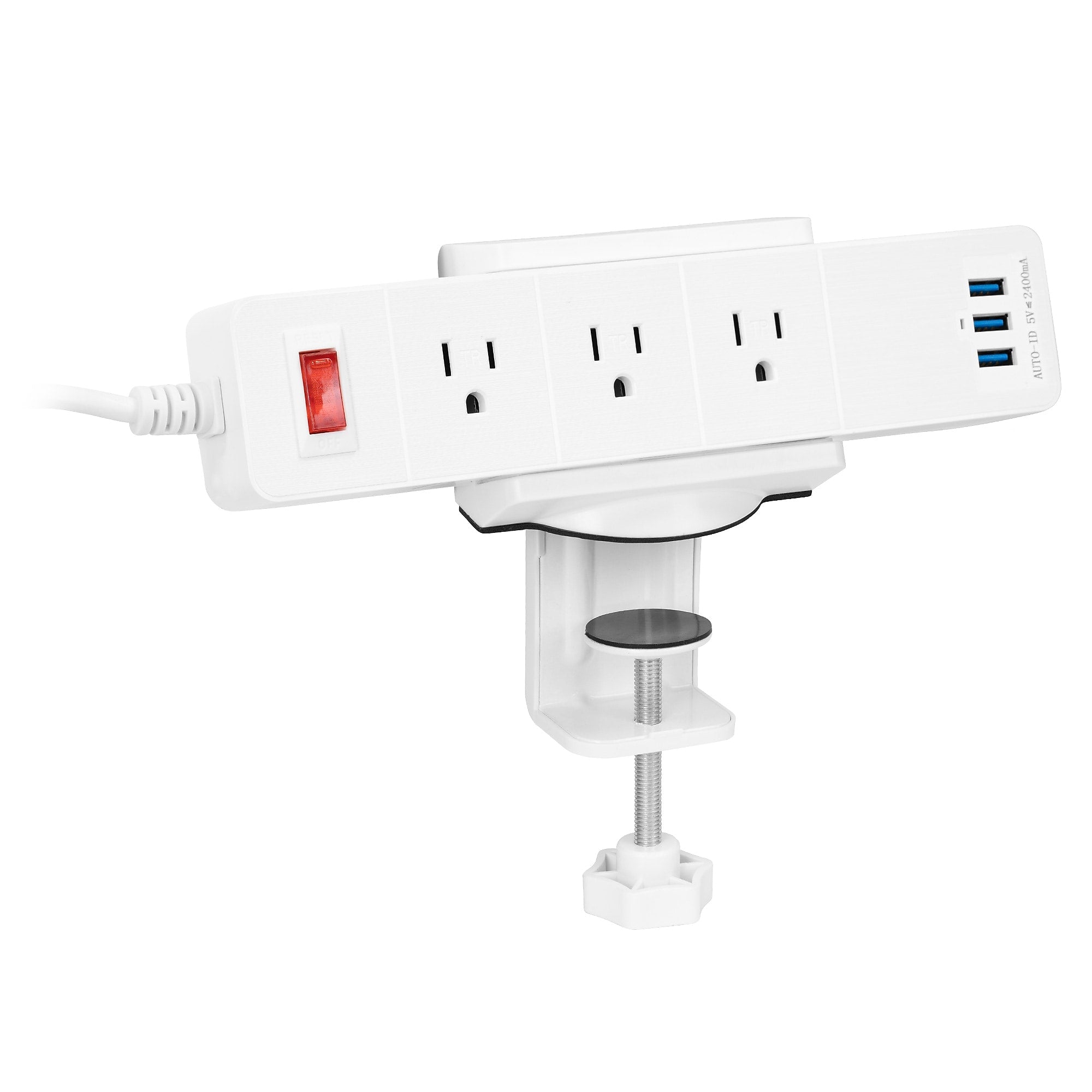 Mount-It! 3-Outlet 3-USB Port 5' Surge Protector with Clamp Desk Mount, White (MI-7281)