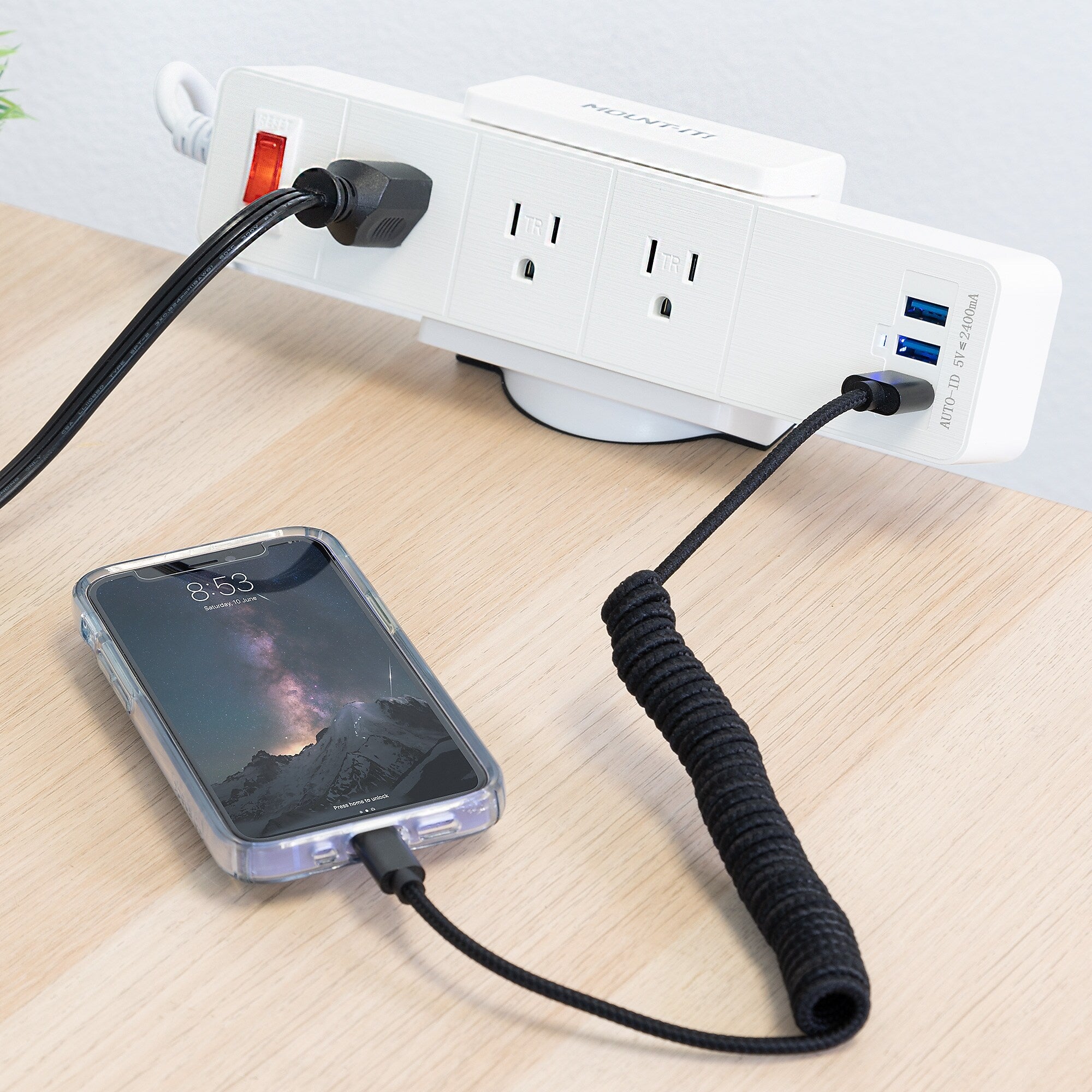 Mount-It! 3-Outlet 3-USB Port 5' Surge Protector with Clamp Desk Mount, White (MI-7281)
