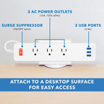 Mount-It! 3-Outlet 3-USB Port 5' Surge Protector with Clamp Desk Mount, White (MI-7281)