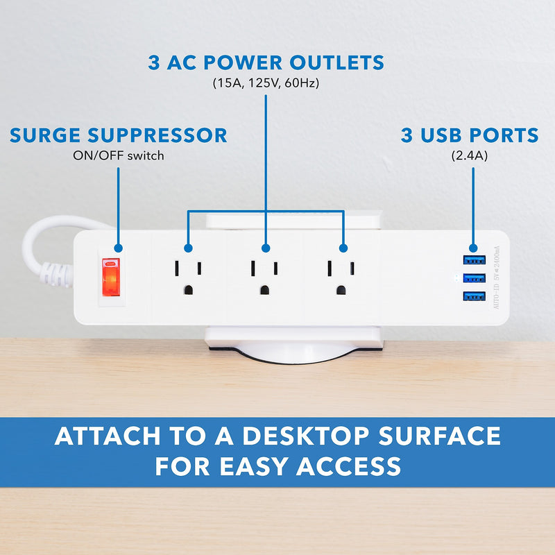 Mount-It! 3-Outlet 3-USB Port 5' Surge Protector with Clamp Desk Mount, White (MI-7281)